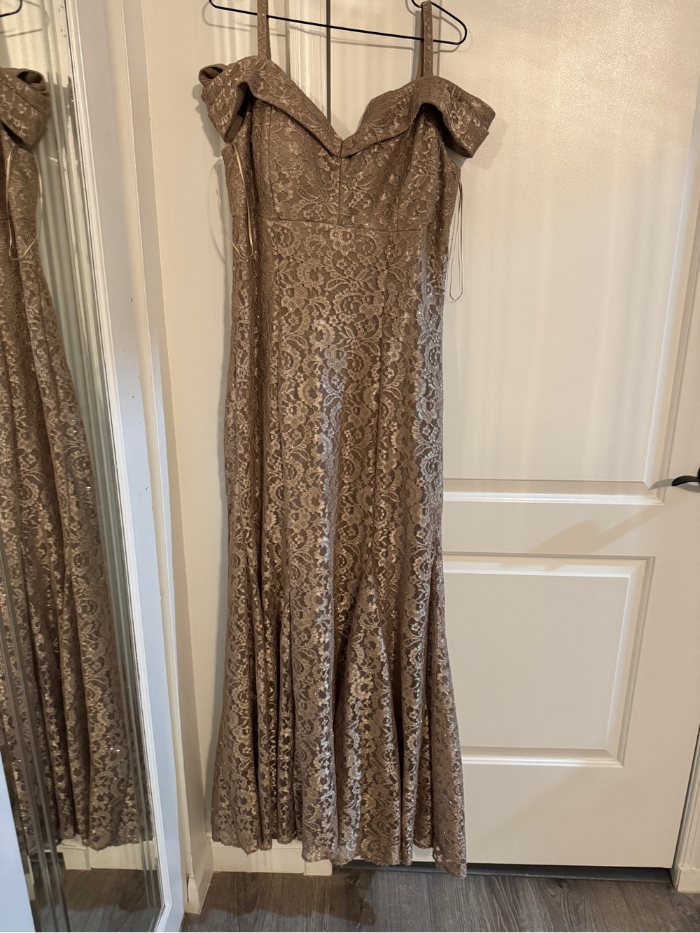 R&M Richards Mauve-Taupe Lace Evening Dress
